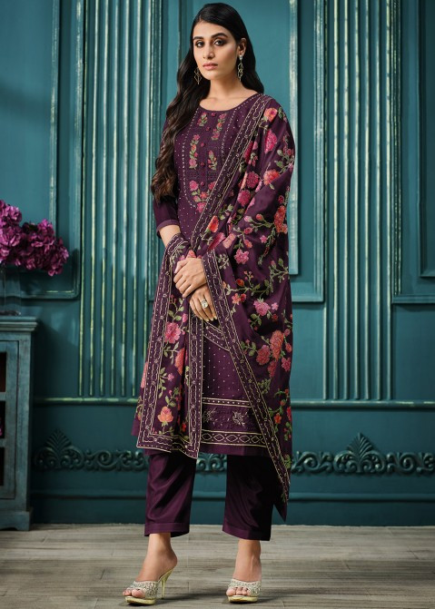 Purple Embroidered Organza Suit With Dupatta